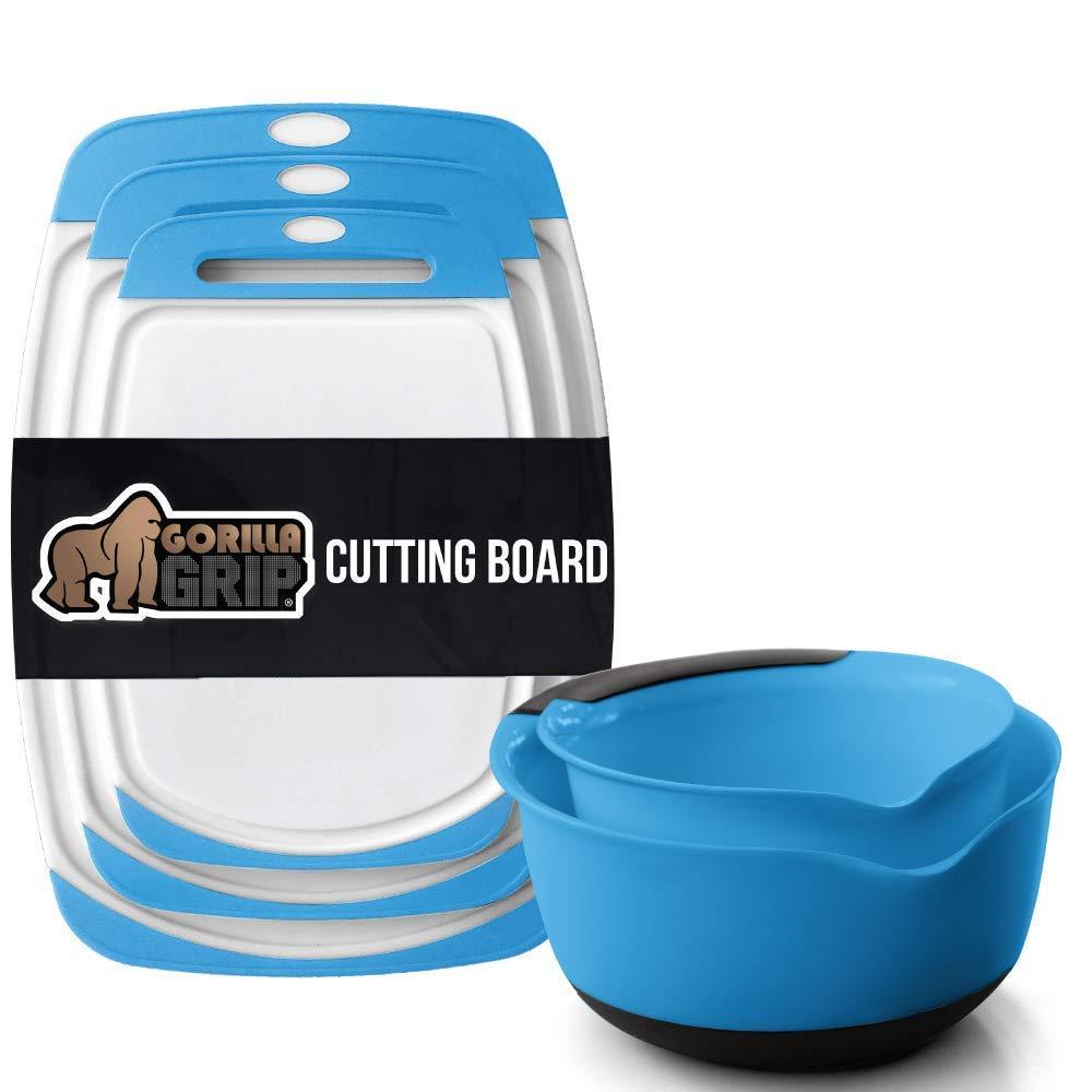 Gorilla Grip Cutting Board Set of 3 and Mixing Bowl Set of 2, Both in Aqua Color, Mixing Bowls Include 5 Qt and 3 Qt Sizes, Dishwasher Safe, 2 Item Bundle - PawsPlanet Australia