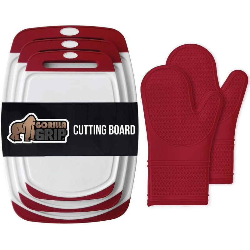 Gorilla Grip Cutting Board Set of 3 and Silicone Oven Mitts Set, Both in Red Color, 2 Item Bundle - PawsPlanet Australia