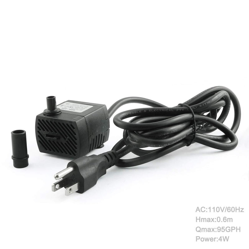 [Australia] - ZYAMY Black Water Pump Ultra Quiet with Dry Burning Protection 95GPH (350L/H 110V 4W) for Fountains, Hydroponics, Ponds, Aquariums & More 