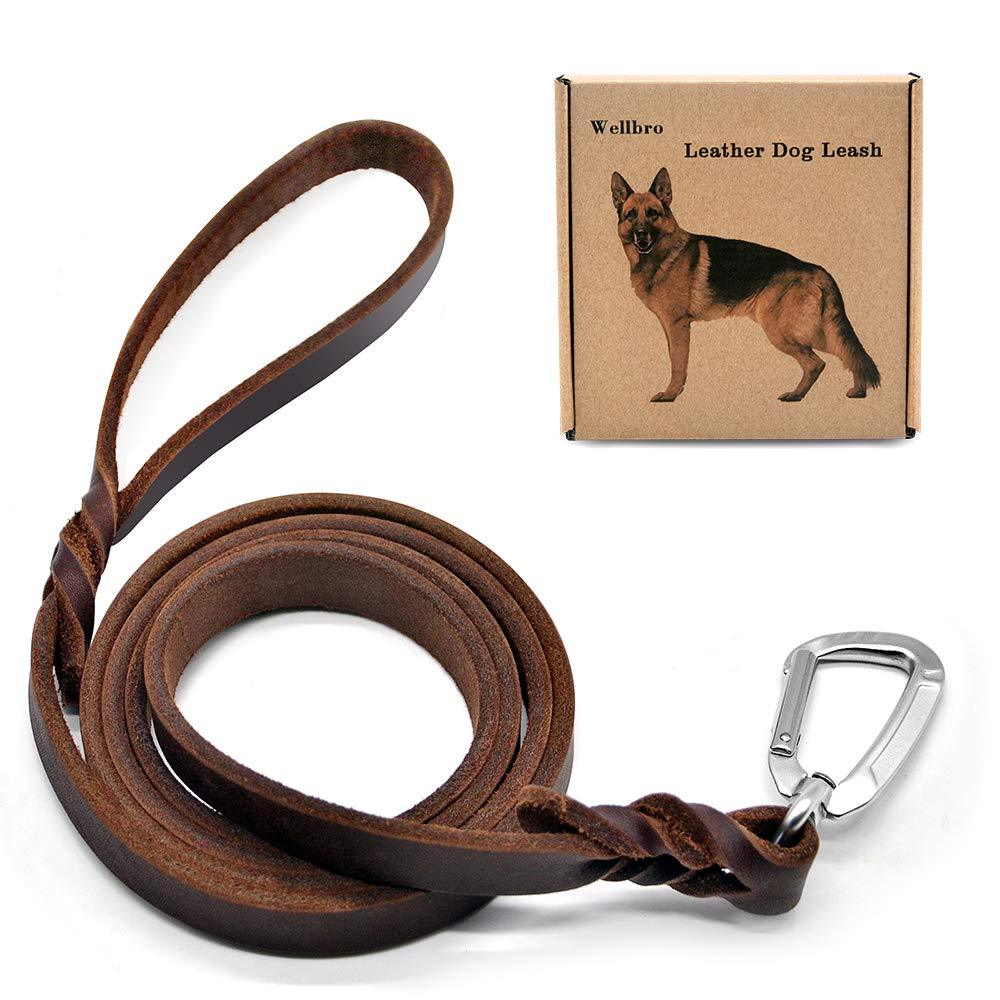 [Australia] - Wellbro Real Leather Dog Leash with Carabiner Clip, Soft and Heavy Duty Dog Training Leash, Durable Pet Walking Leash for Medium and Large Dogs, 6 Foot Long by 3/4 Inch Wide, Brown 