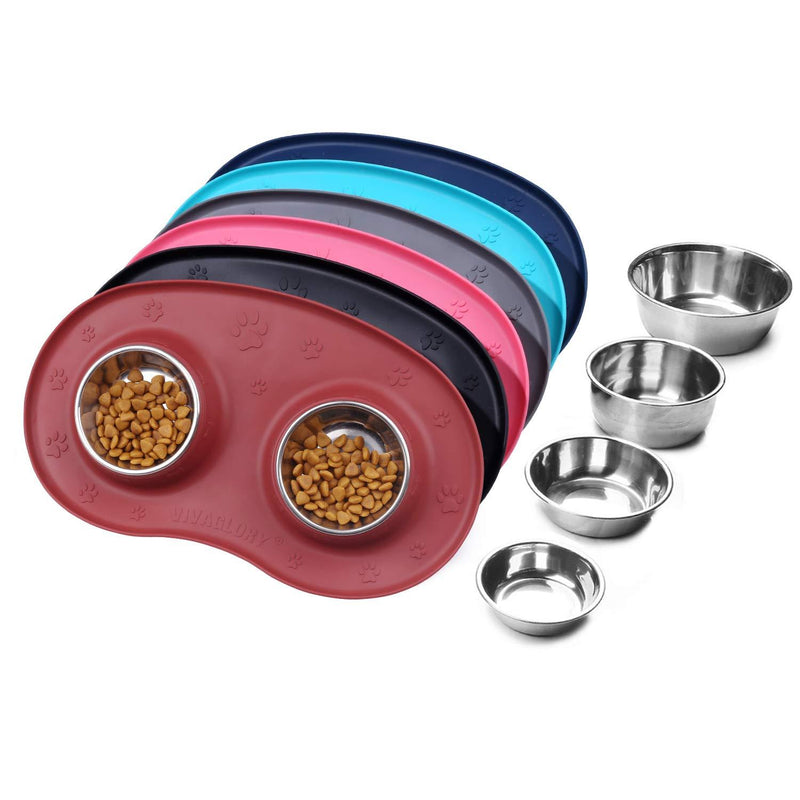 Vivaglory Dog Bowls Set with Double Stainless Steel Feeder Bowls and Wider Non Skid Spill Proof Silicone Mat for Cats Puppies Dogs 6½ oz ea. Burgundy - PawsPlanet Australia