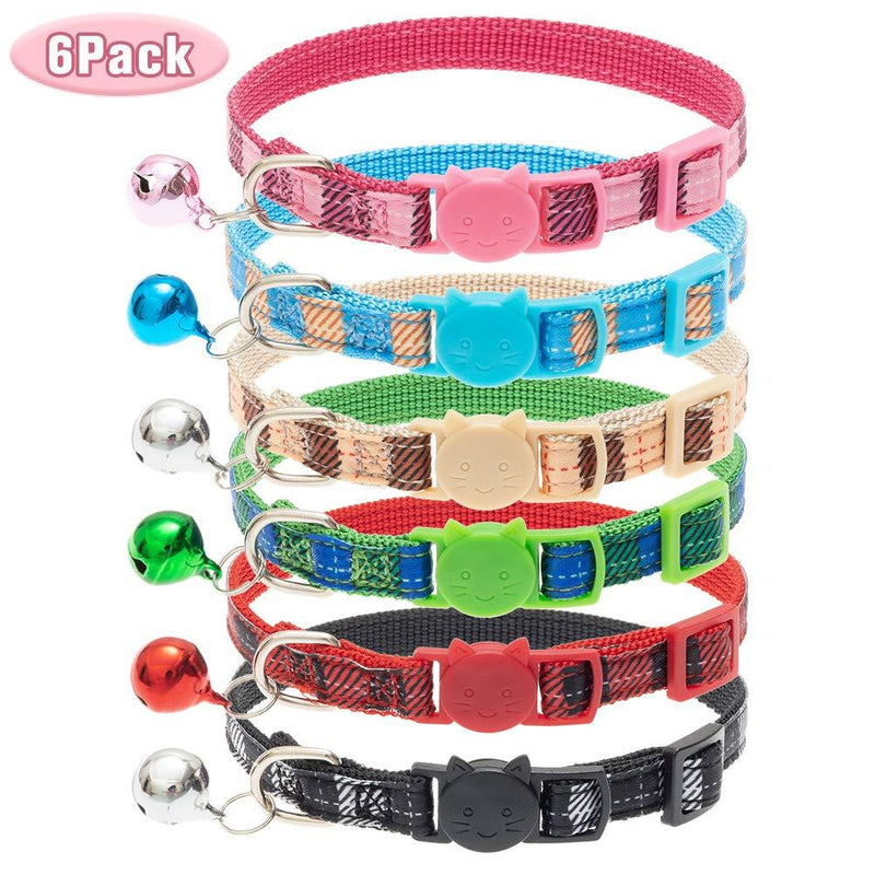 [Australia] - PUPTECK 6 Pack Plaid Breakaway Cat Collars with Bell - Saftey Adjustable Collars Cute and Soft for Cats Puppies Small Pets in Bright Colors 