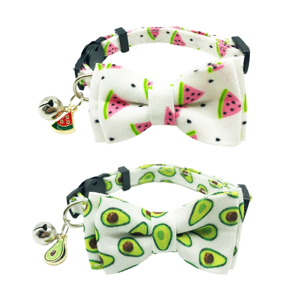 ADOGGYGO Cat Collar Breakaway with Cute Bow Tie Bell - 2 Pack Kitten Collar with Removable Bowtie Different Pattern Cat Bowtie Collar for Cat Kitten Kitty Avocado & Watermelon - PawsPlanet Australia