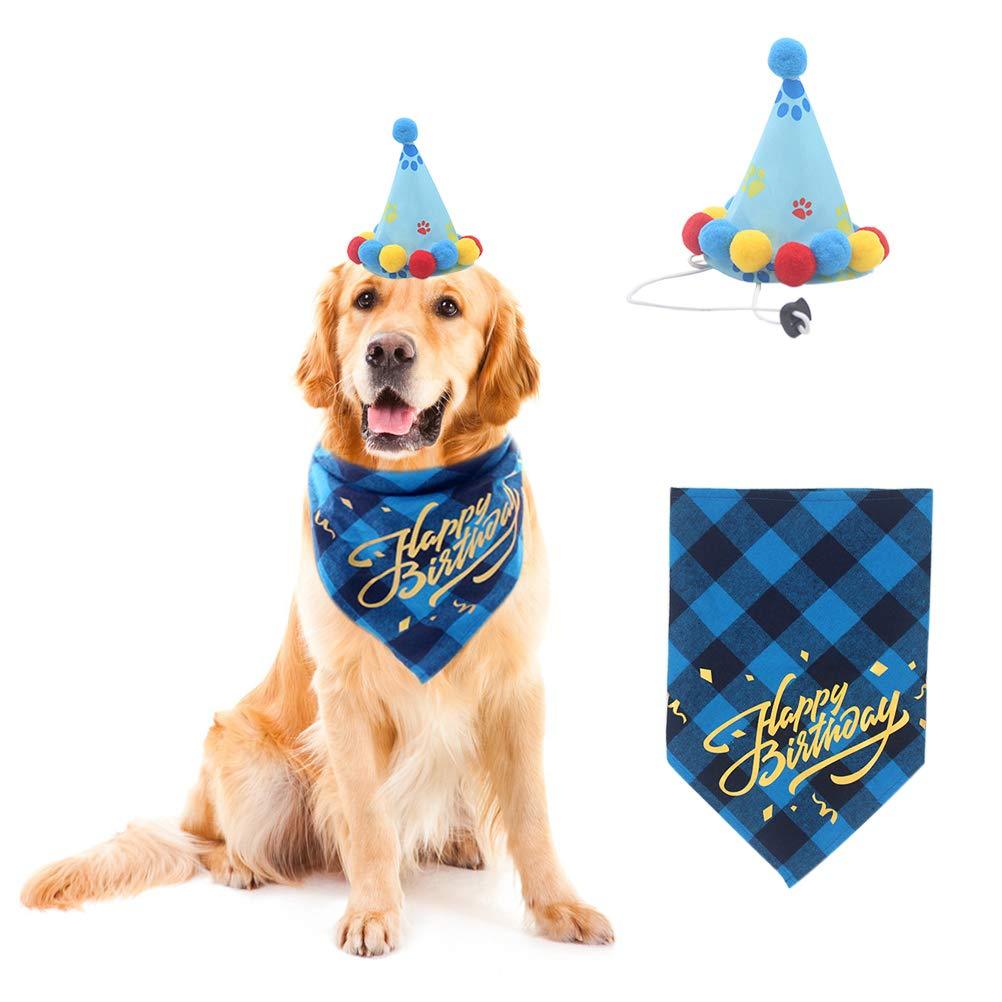 [Australia] - PUPTECK Dog Birthday Plaid Bandana with Cute Party Hat - Fashion Pet Birthday Outfit Accessories Party Supplies for Doggies Cats, Blue 