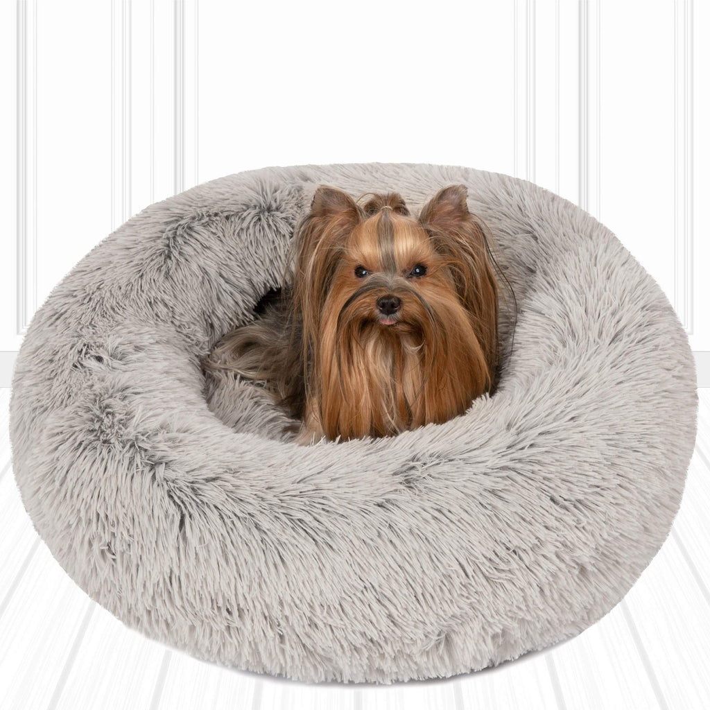 Friends Forever Donut Cat Bed, Faux Fur Dog Beds for Medium Small Dogs - Self Warming Indoor Round Pillow Cuddle Grey - PawsPlanet Australia