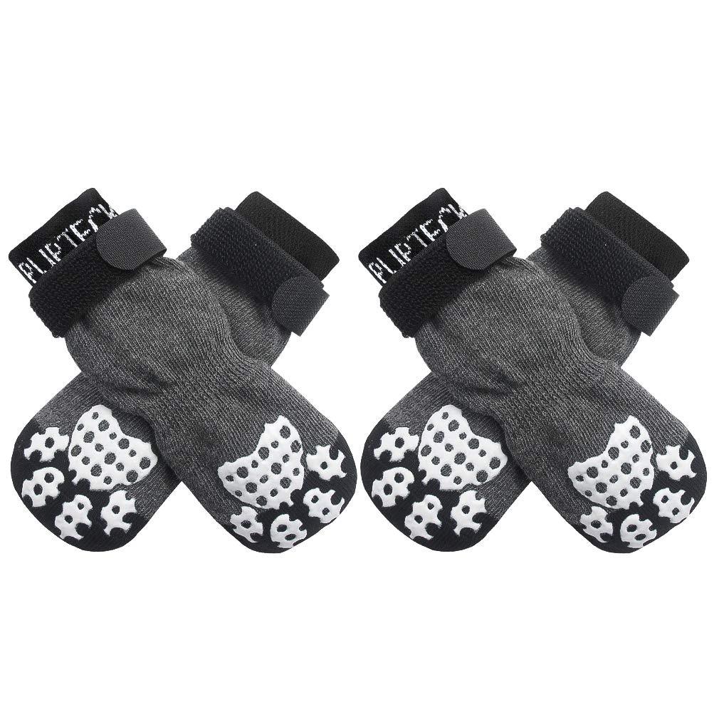 [Australia] - PUPTECK Double Side Anti-Slip Dog Socks with Adjustable Straps for Indoor Wear - 2 Pairs Pet Paw Protection Traction Control Socks on Hardwood Floor S-5.7x2in 