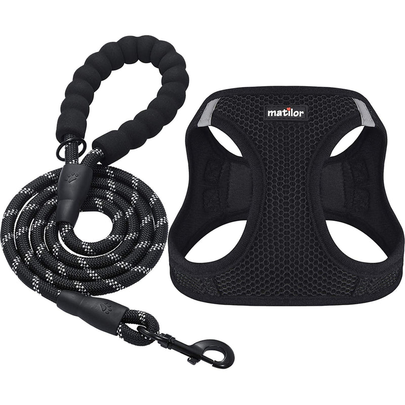 [Australia] - matilor 2 Packs Dog Harness Step-in Breathable Puppy Cat Dog Vest Harnesses for Small Medium Dogs harness+leash, XS Black+Black, 1+1 packs 