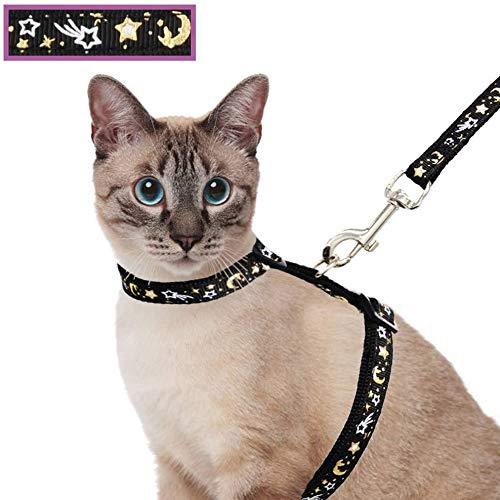 [Australia] - Cat Harness and Leash Set for Outdoor Walking Escape Proof Adjustable Soft Safety Strap with Golden Star and Moon Design Glow in The Dark Black 