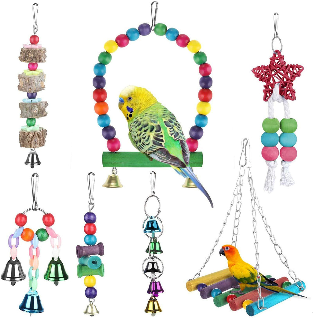 [Australia] - Zacro 7 pcs Bird Swing Toys - Parrot Colorful Chewing Toys, Hanging Bell Birds Cage with Bells Finch Toys for Small and Medium Bird, Peony, Parrot,Myna,Golden Sun,Macaws, 