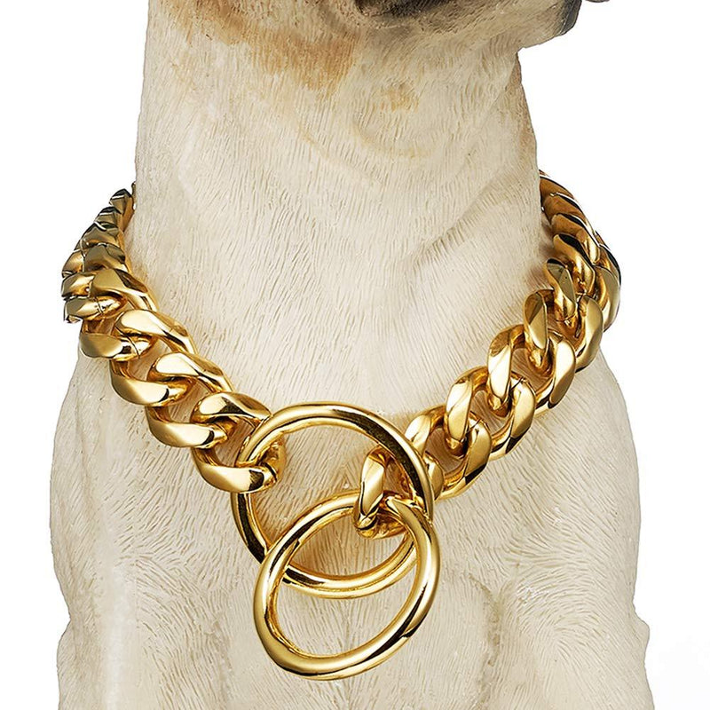 [Australia] - fengco Heavy Duty Choke Cuban Dog Chain, Stainless Steel/18K Gold Dog Collar,Width 15mm,12-26inch Length,Strong Stainless Steel Metal Links Slip Chain Training Collar for Large Medium Small Dogs 16inch(Suit for 12～14inch Dog's Neck) 
