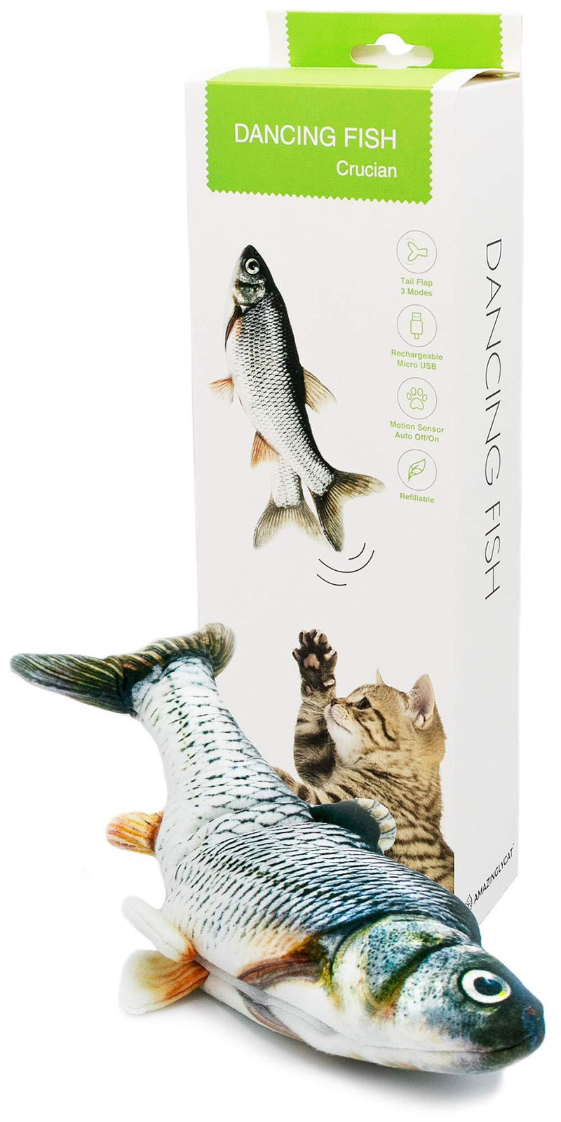 [Australia] - Dancing Fish Toy for Indoor Cats & Small Dogs – Motion Sensor Cat Toy with 2 Catnip Packets – USB-Chargeable, Soft, Durable, Washable, Low-Noise Flippity Fish Interactive Pet Gifts, 12x5 In. 
