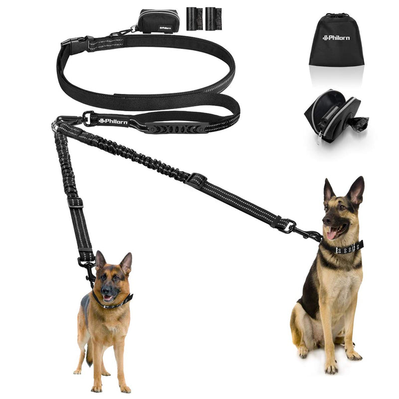 PHILORN Hands-Free Double Dog Leash 110lbs Comfortable Shock Absorbing Reflective Bungee for 2 Dogs Walking Training 66-84 inch Adjustable No Tangle Dual Dog Leash with Pouch 2 Handles Black - PawsPlanet Australia