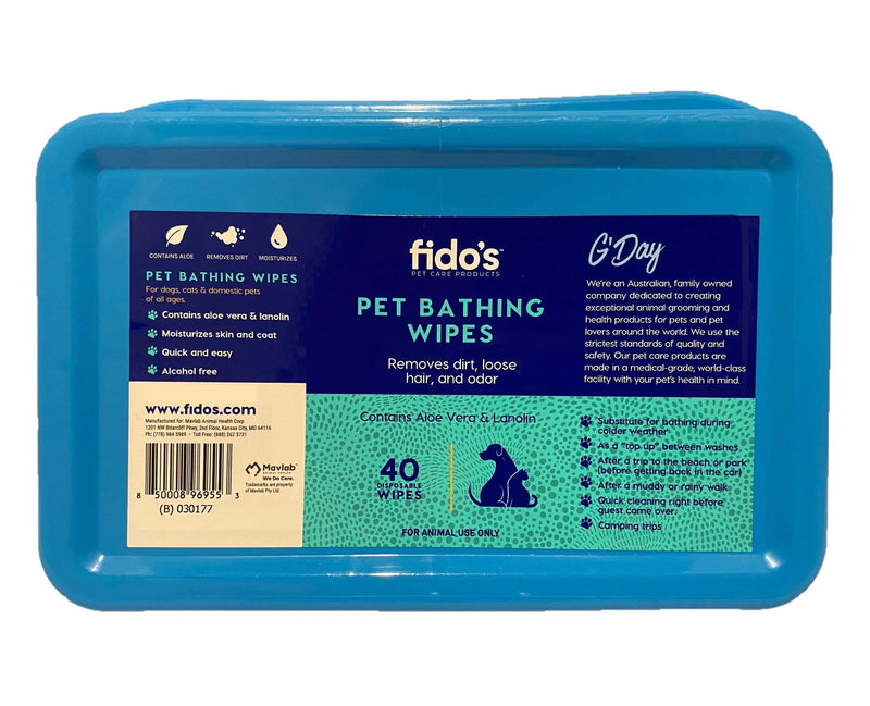 [Australia] - Fido's Bathing Wipes; for Dogs, Cats & Domestic Pets, Aloe Vera & Lanolin Blend, Biodegradable & Hypo-allergenic, Cleans and Moisturizes Skin & Coat and Smells Fresh, Quick & Easy (Pack of 40 Wipes) 