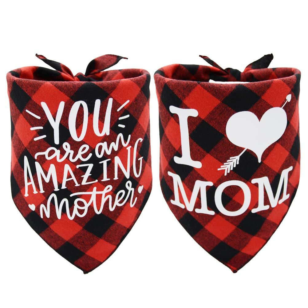 2 PCS I Love Mom Dog Bandana Reversible Triangle Bibs Plaid Print Pet Scarf Accessories for Medium to Large Dogs - PawsPlanet Australia