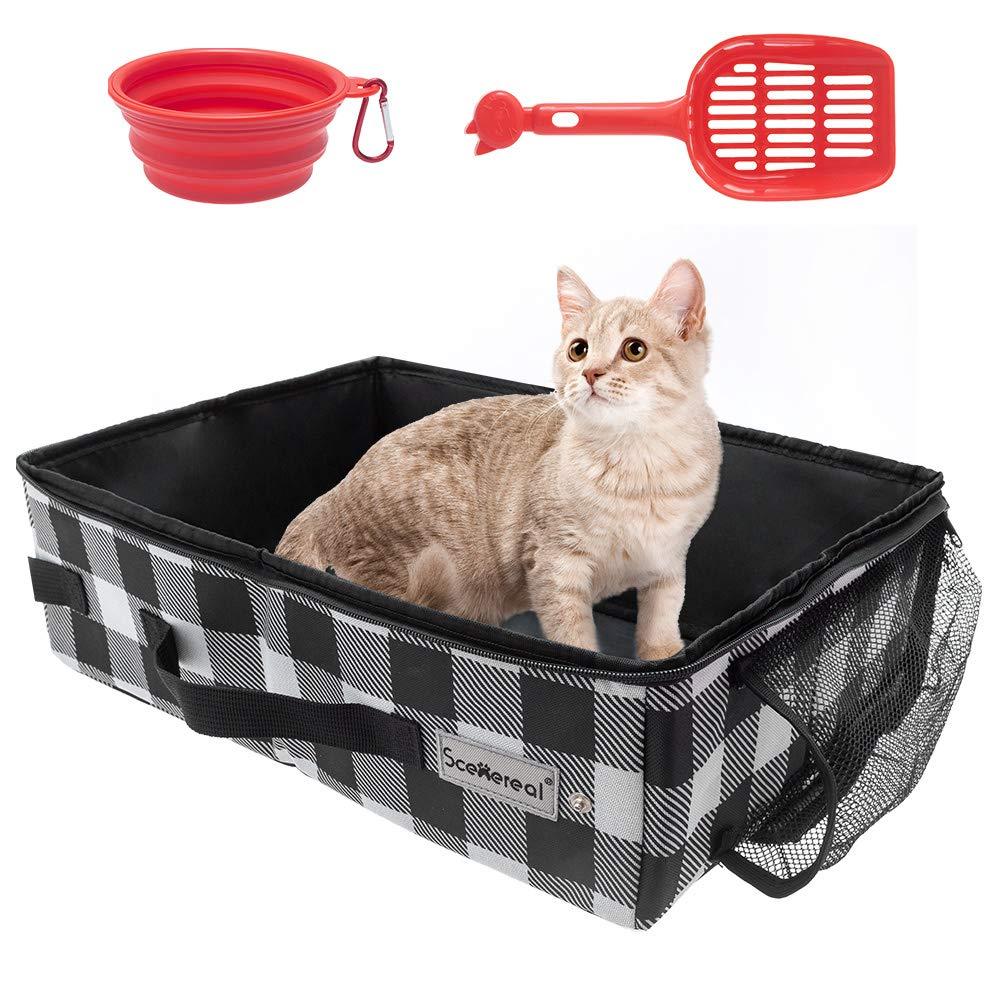 SCENEREAL Cat Travel Litter Box with Bowl & Scoop, Collapsible Portable Cat Litter Box, Foldable Feeding Bowl and Scoop for Free, Travel Litter Box for Cats Lightweight Waterproof - PawsPlanet Australia