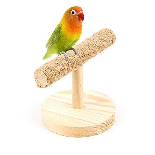 [Australia] - Natural Wood Bird Hemp Rope Perch Stand, Bird Cage Play Stand with Round Base for Small Parakeets Cockatiels, Conures, Macaws, Parrots, Love Birds, Finches, Bird Training Educational Stand Toys 5.1"(L) 