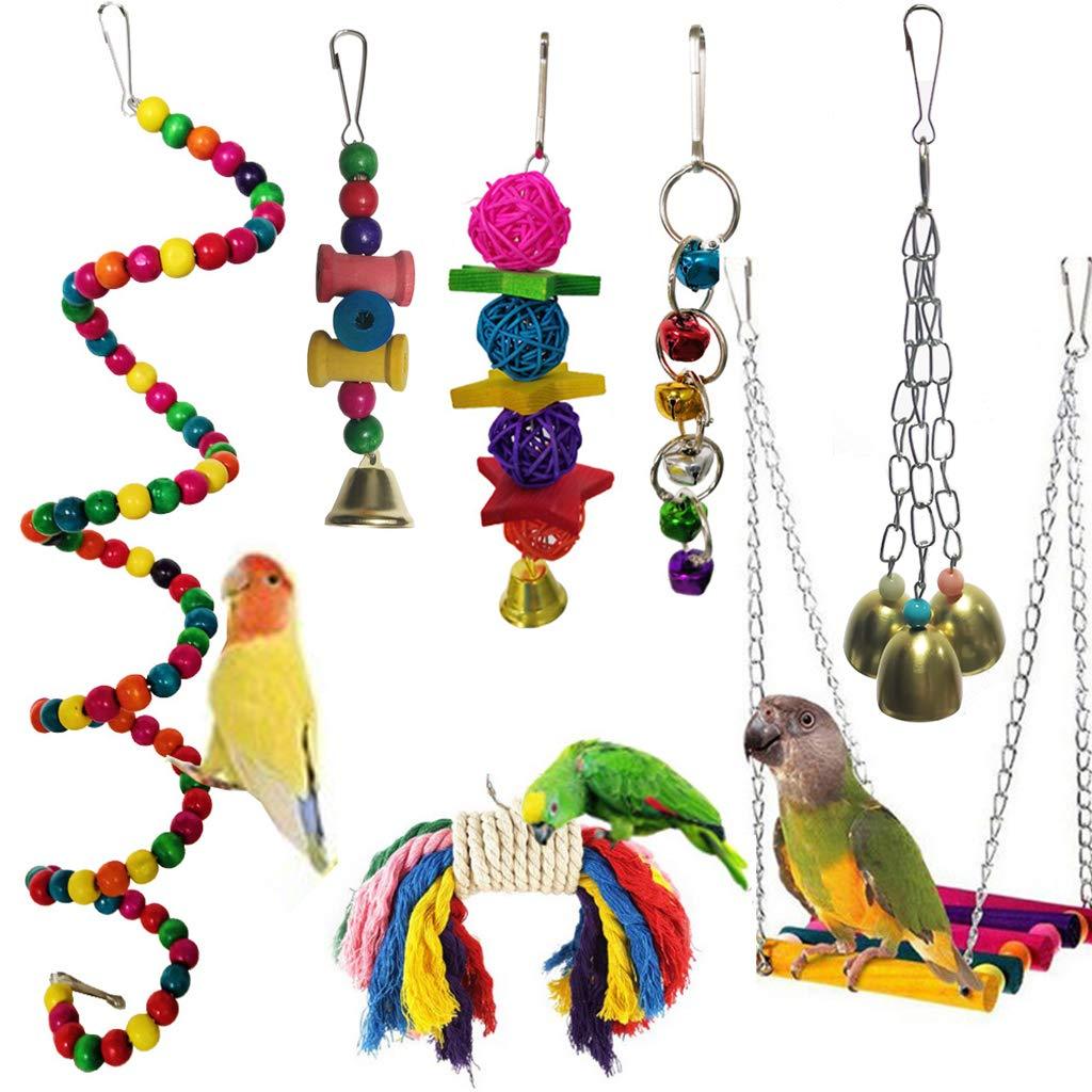 [Australia] - DSDecor 7 Pcs Bird Parrot Toys Colorful Bird Chew Toys Hanging Hammock Swing Perches Bells Toys for Parrots Parakeets Conures Cockatiels Lovebirds Macaws Finches and Other Birds 