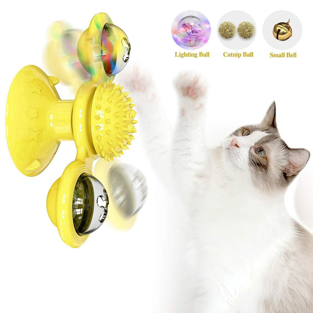 [Australia] - ODOLDI Windmill Cat Toy, Interactive Turntable Cat Toy with Suction Cup Portable Windmill Scratch Hair Brush Soft Silicone Washable Cat Grooming Shedding Massage for Cats Yellow 