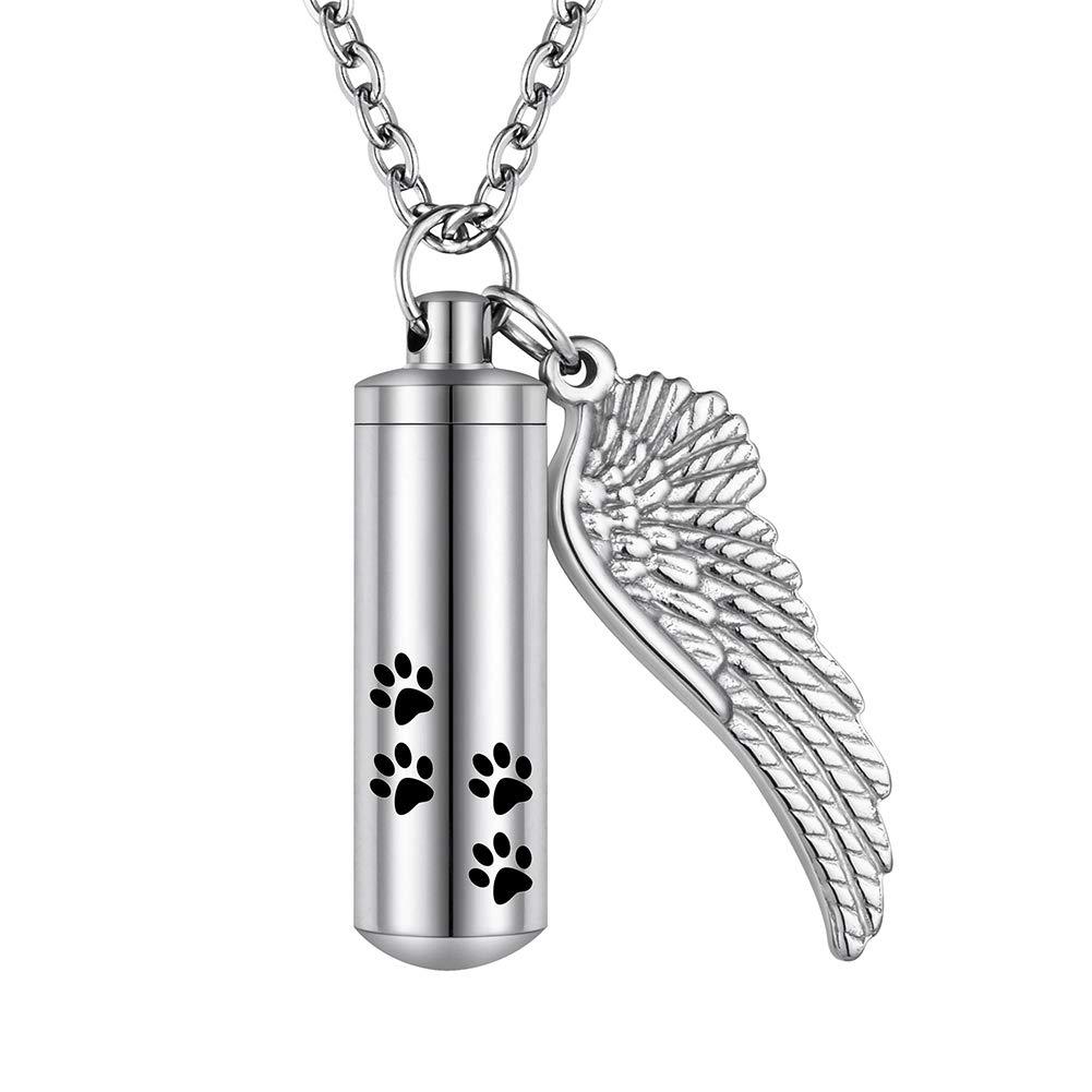 abooxiu Cylinder Cremation Necklace for Pet Ashes Urn Necklace with Angel Wing Pet Paw Ashes Necklace for Dog/Cat Pet Memorial Keepsake Jewelry Silver M No-engraving - PawsPlanet Australia