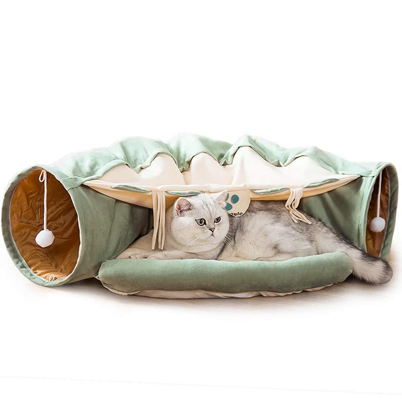 DREAMSOULE 2-in-1 Cat Bed Play Tunnel and Mat for Pets Cats Dogs Rabbits and Pets Kittens for Home Foldable Soft Cat Tunnel Tubes Toys Pet Play Bed Indoor green - PawsPlanet Australia