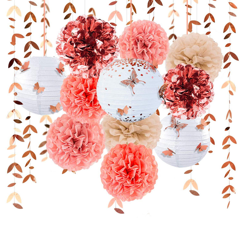 Rose Gold Party Decoration Kit Lanterns Flower Pom Poms with 3D Butterfly Stickers Leaf Garland Banner for Birthday Wedding Engagement Baby Shower Bridal Shower Bachelorette Party Decorations Supplies - PawsPlanet Australia