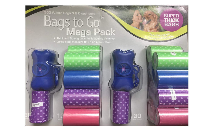[Australia] - Bags to Go Waste Bag for Clean Up, Strong Thick Tear Resistance 300 Bags Plus 2 Dispenser (300 Bags) 