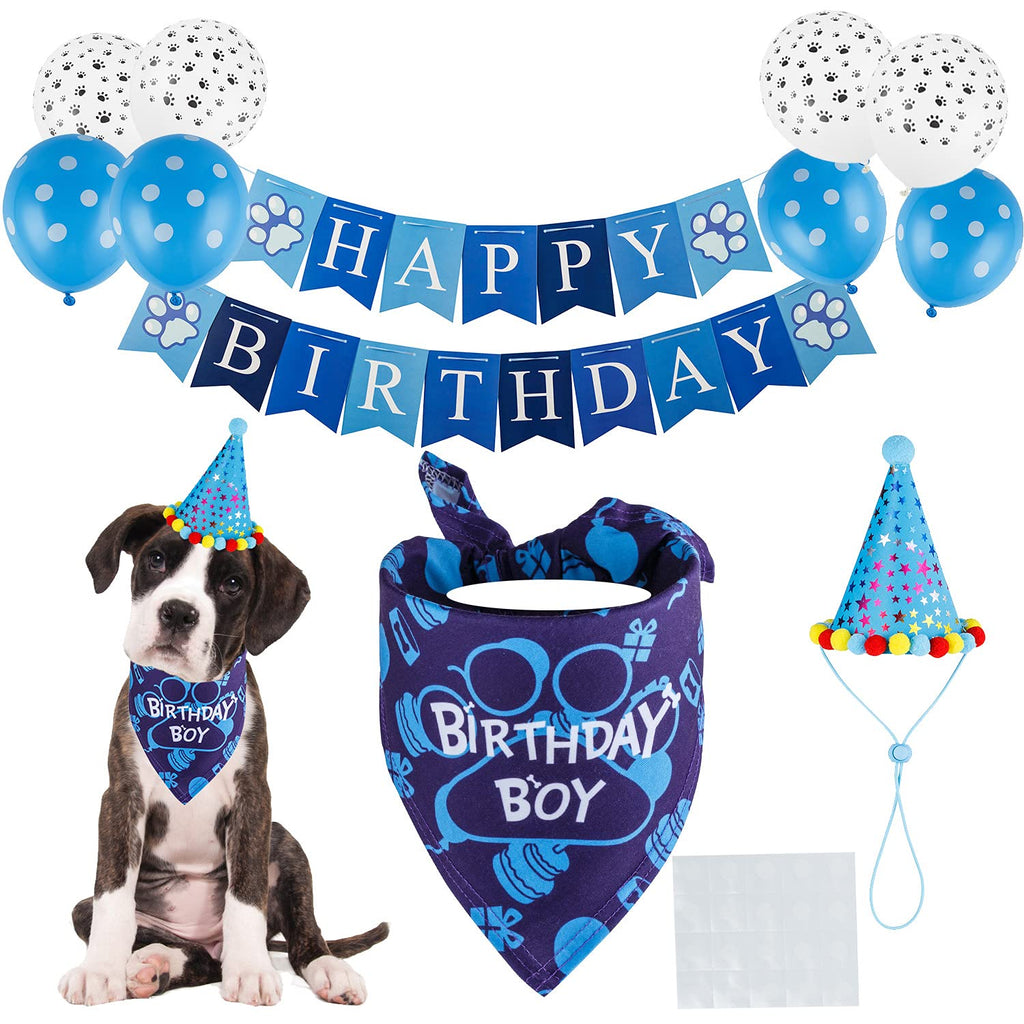 TCBOYING Dog Birthday Bandana, Dog Birthday Boy Hat Scarfs Flag Balloon with Cute Doggie Birthday Party Supplies Decorations(11-Piece Set) (Blue) - PawsPlanet Australia