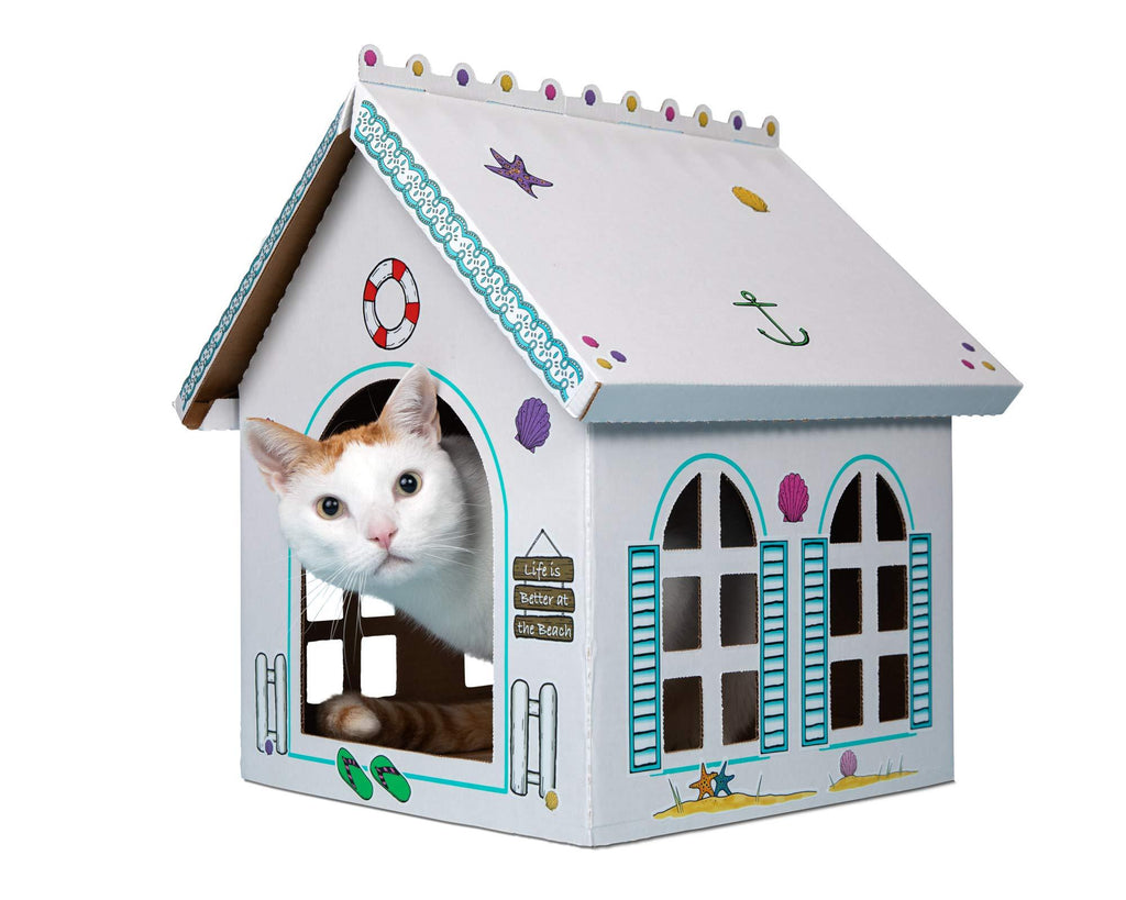[Australia] - Breezy Beach Cottage - Beach Lake Summer Vacation Playhouse for Cats, Kittens, Rabbits & Bunny. Cardboard Box House Condo Cave Furniture Bed Includes Giant Sticker Sheet for Decorating 