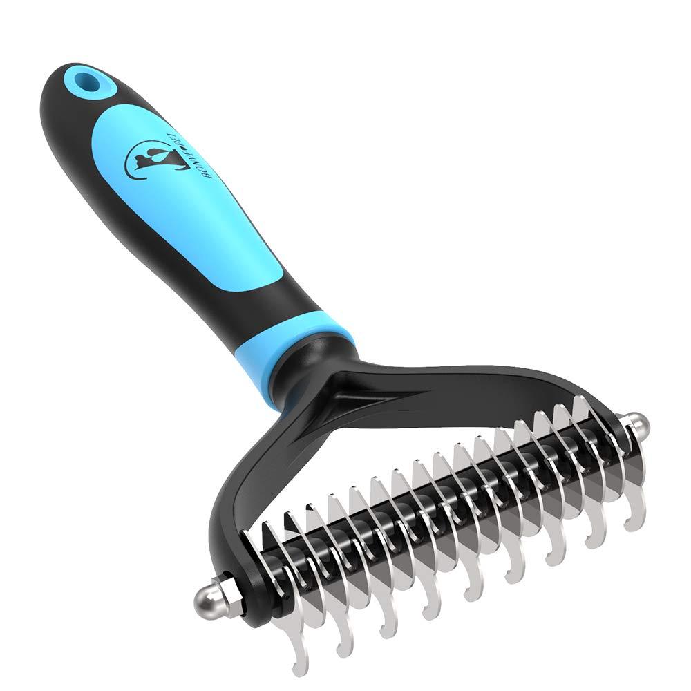 Pet Grooming Tool - 2 Sided Undercoat Rake for Cats & Dogs - Safe Dematting Comb for Easy Removing Mats Tangles and Shedding Blue - PawsPlanet Australia