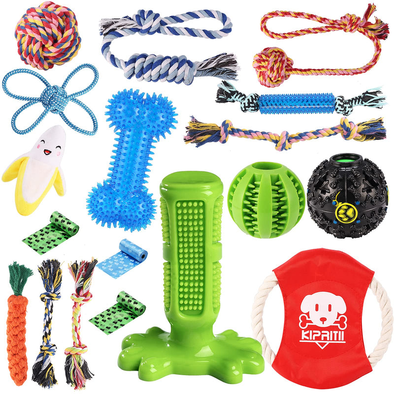 KIPRITII Dog Chew Toys for Puppy - 18 Pack Puppies Teething Chew Toys for Boredom, Pet Dog Toothbrush Chew Toys with Rope Toys, IQ Ball and More Squeaky Toy for Puppy and Small Dogs - PawsPlanet Australia