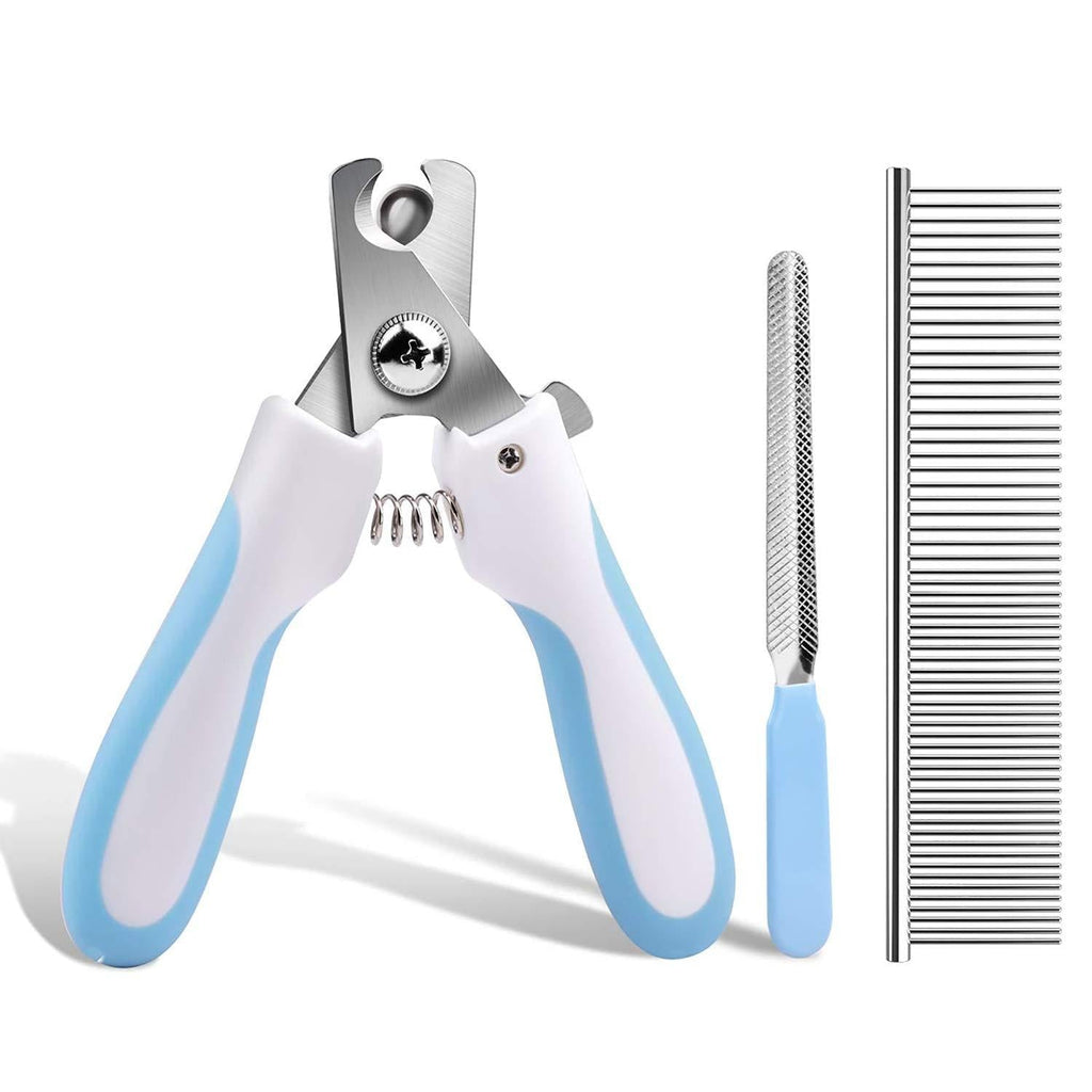 Luccalily Cat Nail Clipper with Safety Guard, Pet Nail Clipper and Claw Trimmer to Avoid Over-Cutting Stainless Steel for Cats Dogs, Free Nail File and Comb Blue - PawsPlanet Australia