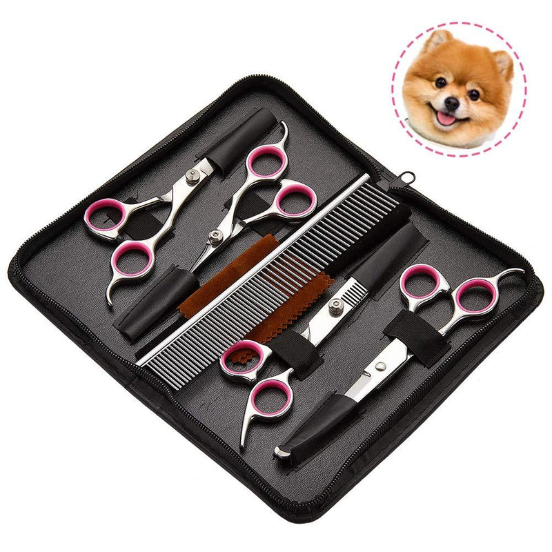 Dog Grooming Scissors 6PCS, Stainless Steel with Safety Round Tip Thinning Straight Curved Shears and Combing Kit for Cat Pet - PawsPlanet Australia
