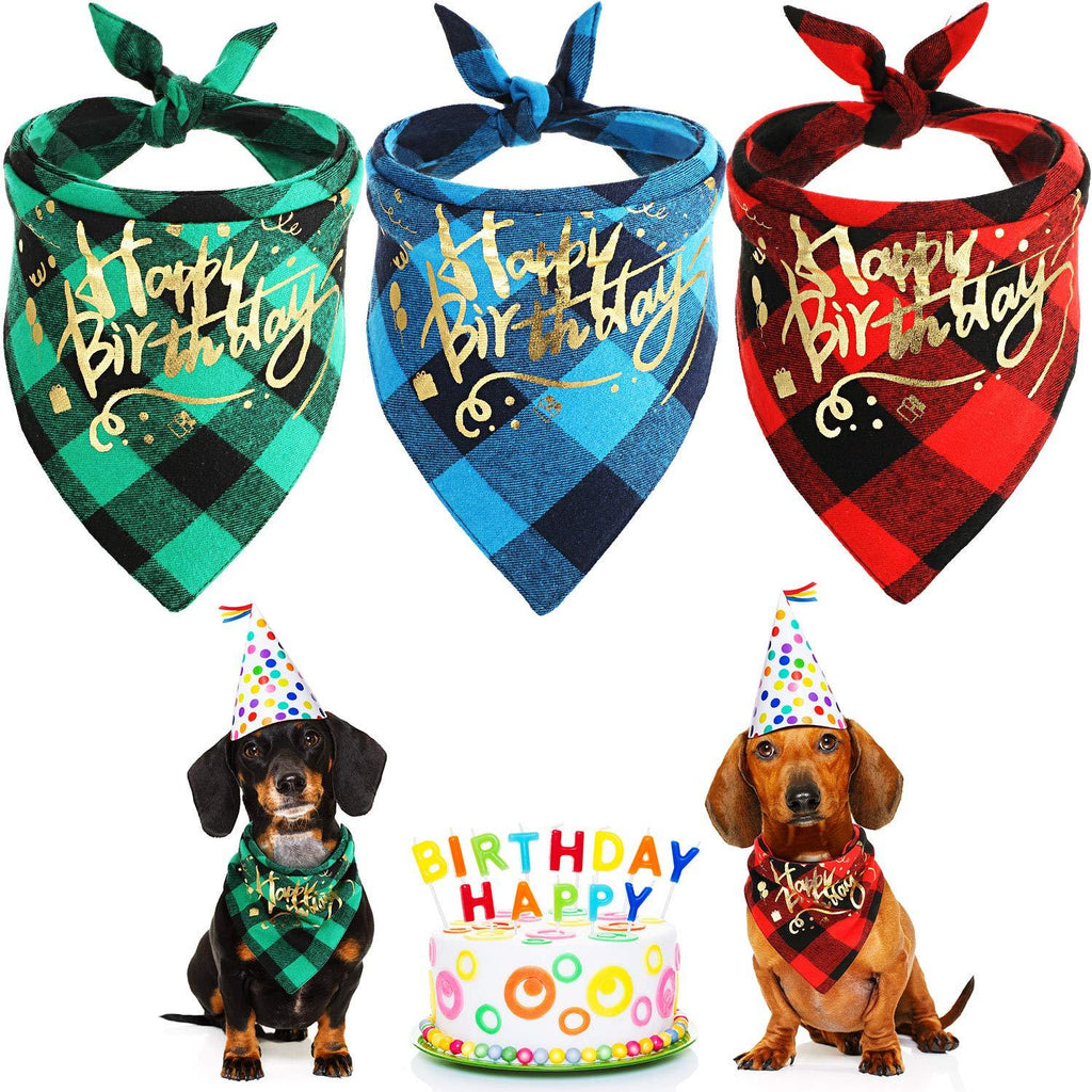 3 Pieces Dog Birthday Bandanas Dog Cat Birthday Scarf Double Layer Pet Plaid Kerchief Washable Reversible Printed Triangle Bibs Cotton Dog Puppy Kerchief for Large Medium Small Cat Dog Pets - PawsPlanet Australia