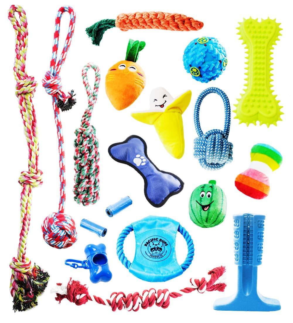 Pacific Pups Products supporting PacificPupRescue.com - 18 Piece Dog Toy Set with Dog Chew Toys, Rope Toys for Dogs, Plush Dog Toys and Dog Treat Dispenser Ball - Supports Non-Profit Dog Rescue - PawsPlanet Australia