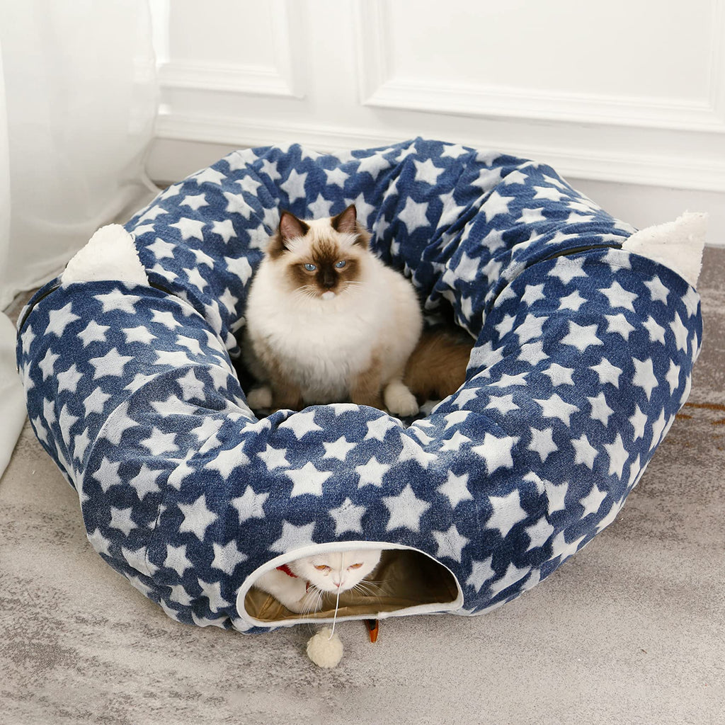 WESTERN HOME WH Cat Tunnel Bed with Soft Mat, Cat Tunnel Toys with Peephole Fun Ball, Cat Tube Bed Tunnel Collapsible 3 Way Kitty Toys for Indoor Pet Kittens, Removable and Washable Dog Cat Maze - PawsPlanet Australia
