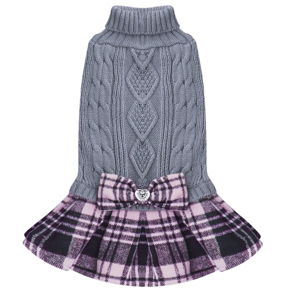 kyeese Dog Sweater Dress Plaid with Bowtie Turtleneck Dog Pullover Knitwear Pet Sweater for Fall Winter X-Small Pink - PawsPlanet Australia