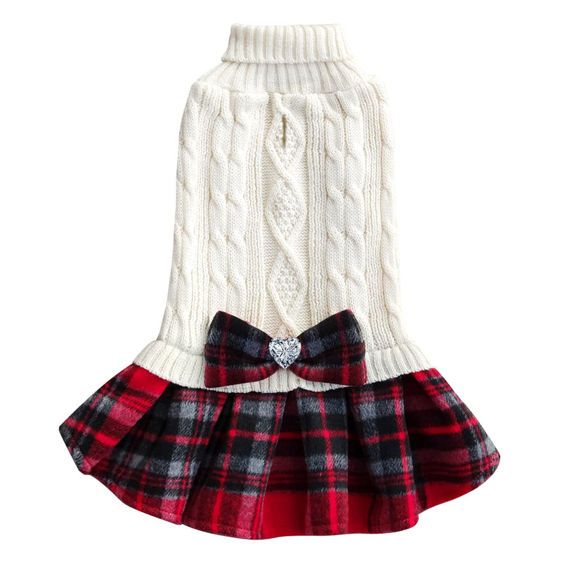 KYEESE Dog Sweater Dress with Leash Hole Plaid with Bowtie Turtleneck Dog Pullover Knitwear Pet Sweater Warm for Fall Winter X-Small (Pack of 1) Beige - PawsPlanet Australia