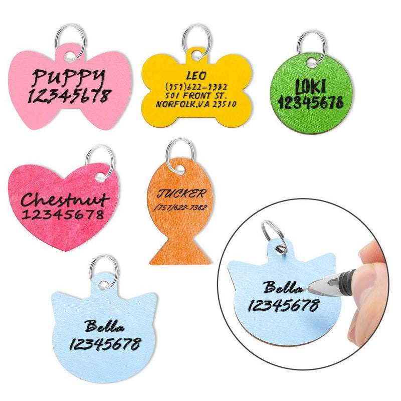 Pet ID Tag Personalized - 6 Pack Wooden Handwriting Name Tags for Dogs, Engraved Dog Cat Tags - 6 Colors and 6 Shapes for Small Medium Dogs Cats Puppy Kitten - PawsPlanet Australia