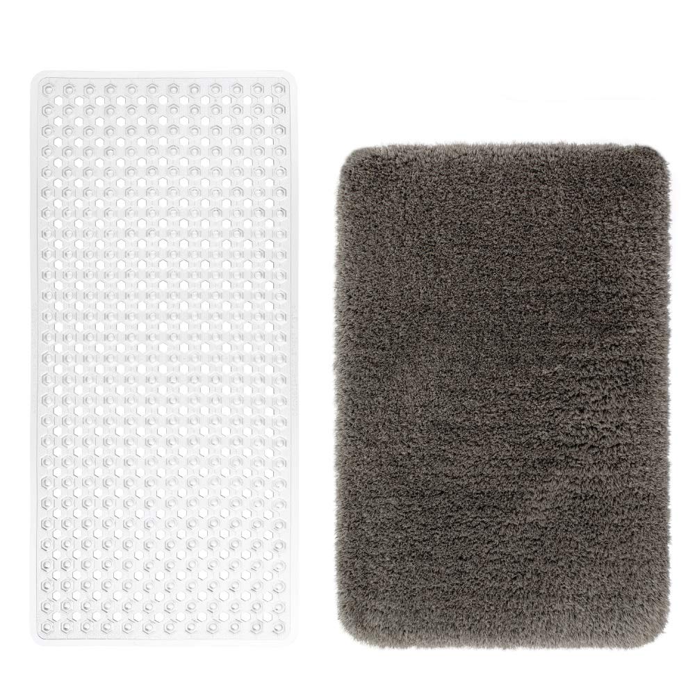 Gorilla Grip Bath Tub Mat and Luxury Bath Rug, Bath Mat Size 35x16 in Clear Color and Bath Rug Size 30x20 in Gray Color, 2 Item Bundle - PawsPlanet Australia