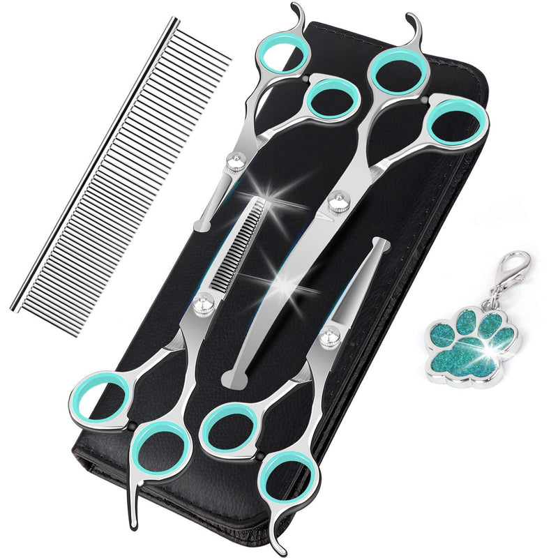 8PCs Stainless Steel Dog Grooming Scissors Kit, Heavy Duty Pet Grooming Trimmer Set with Thinning, Straight, Curved Shears Comb for Large Small Dog Long Short Curly Hair (Green) - PawsPlanet Australia