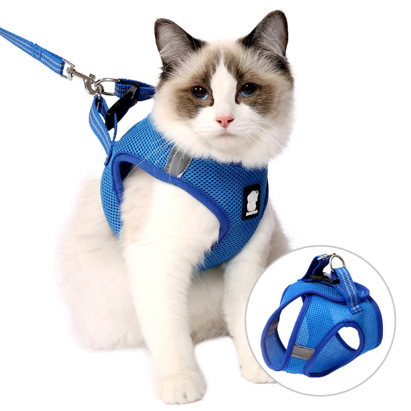 LIANZIMAU Cat Harness and Leash for Walking Escape Proof,Adjustable Breathable Kitten Mesh Vest with Reflective Strip,Travel Outdoor Jacket for Puppy Medium Large Cats L Blue - PawsPlanet Australia