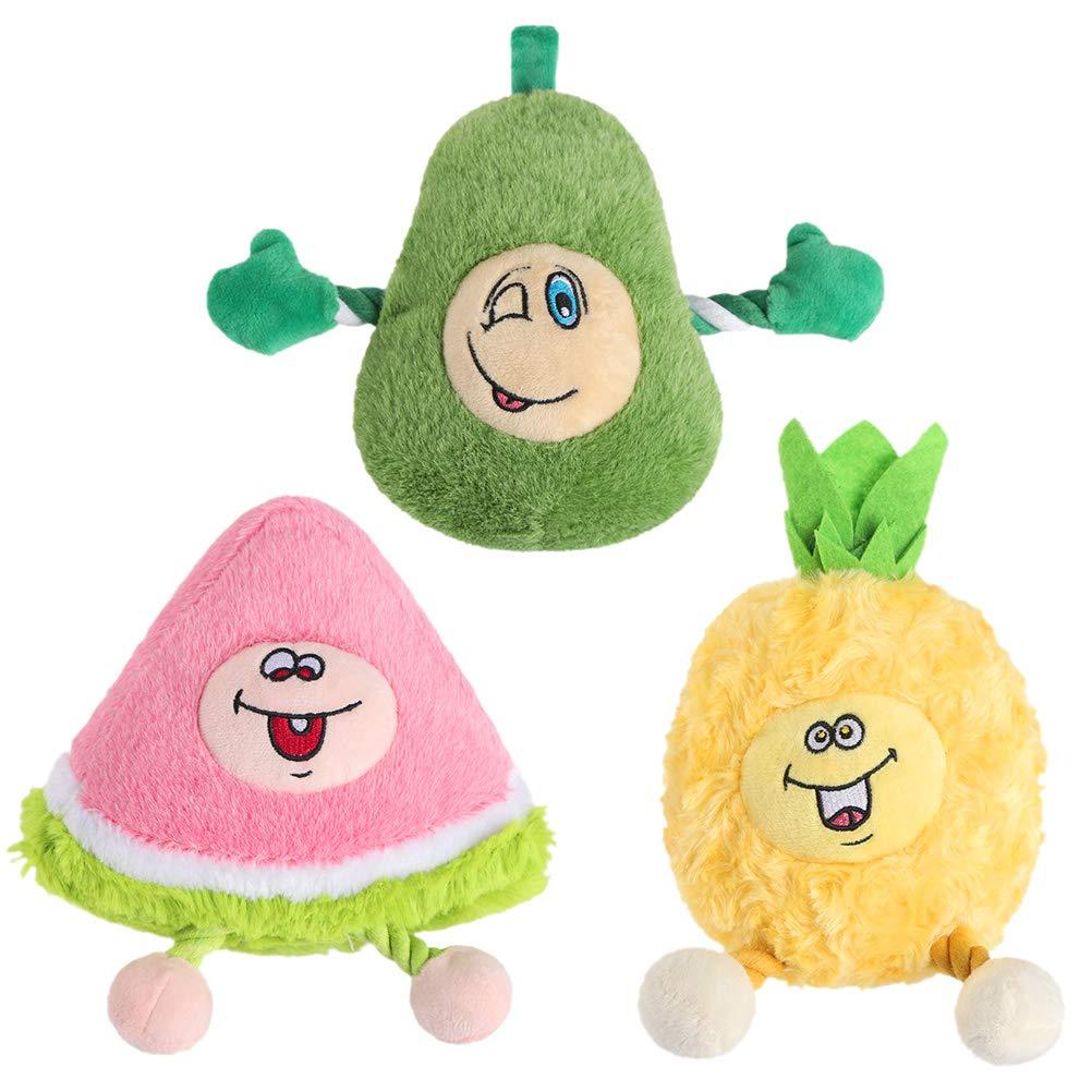 BINGPET Dog Plush Squeaky Toys - 3 Pack Durable Interative Soft Stuffed Teething and Chew Toys with Squeakers and Rope for Small Medium Large Dogs, Pineapple, Avocado, Watermelon - PawsPlanet Australia