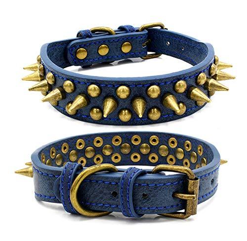 RC GearPro Pet Studded Dog Collar Products Rivet Spiked Studded Genuine Leather Dog Collar for Small Medium Large Dog (L, Blue) L - PawsPlanet Australia