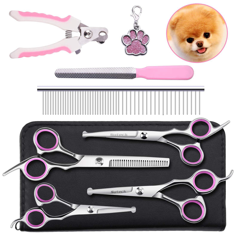 Suteck Dog Grooming Scissors Professional Stainless Steel Thinning and Curved Shears with Safety Round Tip Pet Nail Clipper and File Dog Tag - PawsPlanet Australia