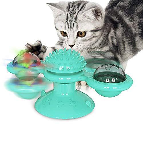 [Australia] - Windmill Cat Toys, Spinning Cat Toy with 2Catnip Glow Ball and 1Led Ball, Catnip Toy with Scratch Hair Brush Grooming Tool for Cat(Blue) (Green) Blue 
