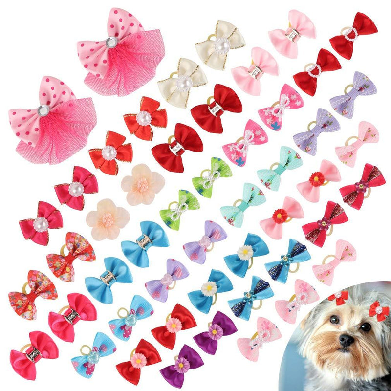 [Australia] - PAWCHIE Dog Bows for Small Dogs Hair - 50 PCS Cute Dog Bows Girl with 100PCS Rubber Bands Rhinestone Colorful Flower Bowtie Clips Mix Colors Pet Puppy Topknot Grooming Bows Accessories 