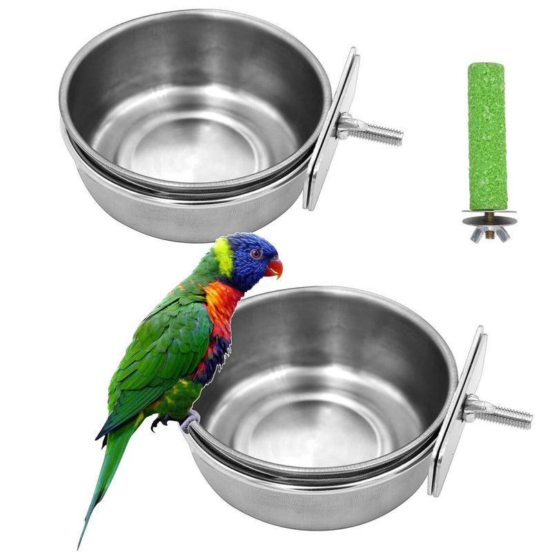 [Australia] - 2 Pack Birds Food Dish Parrot Stainless Steel Feeding Cups Bird Feeders Water Cage Bowls with Clamp Holder and 1 Pcs Bird Stand Toy for Parakeet Conure Cockatiels Lovebird Budgie Chinchilla 2 Pack 