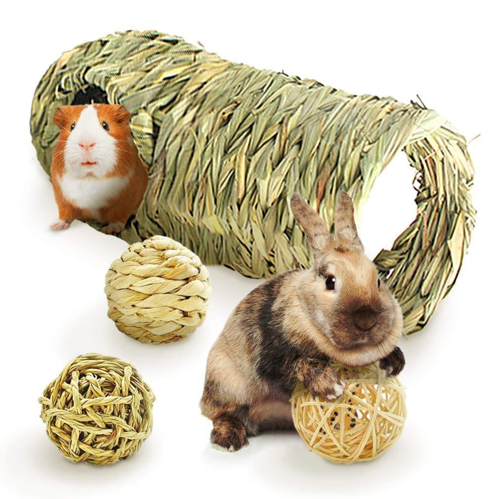 Meric Hideaway Seagrass Tunnel with Balls, 3 Fun Ball Textures, Perfect for Guinea Pig, Degu, and More, 3 Entrances Makes This Ideal for Multiple Pets, 2 Balls Have Soft Jingly Bells - PawsPlanet Australia