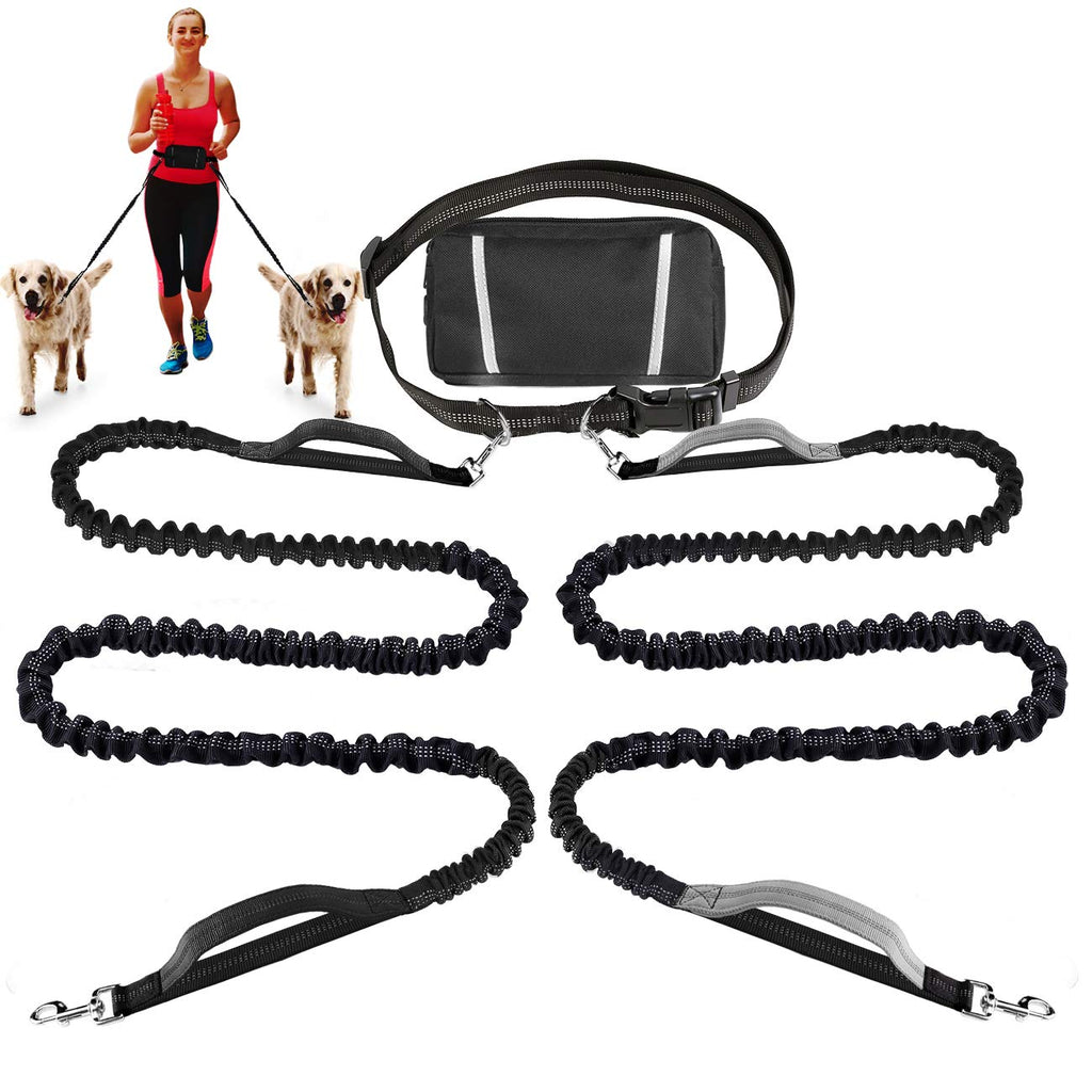 LANNEY Hands Free Dog Leash for Running Walking Jogging Training Hiking, Retractable Bungee Dog Running Waist Leash for Medium to Large Dogs, Adjustable Waist Belt, Reflective Stitches, Dual Handle Black and Gray for 2 Dogs (Detachable Pouch) - PawsPlanet Australia