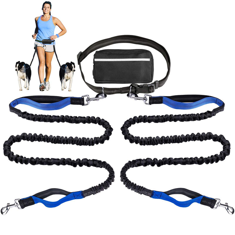 LANNEY Hands Free Dog Leash for Running Walking Training Hiking, Dual-Handle Reflective Bungee, Poop Bag Dispenser Pouch, Adjustable Waist Belt, Shock Absorbing, Ideal for Medium to Large Dogs Black and Blue - PawsPlanet Australia